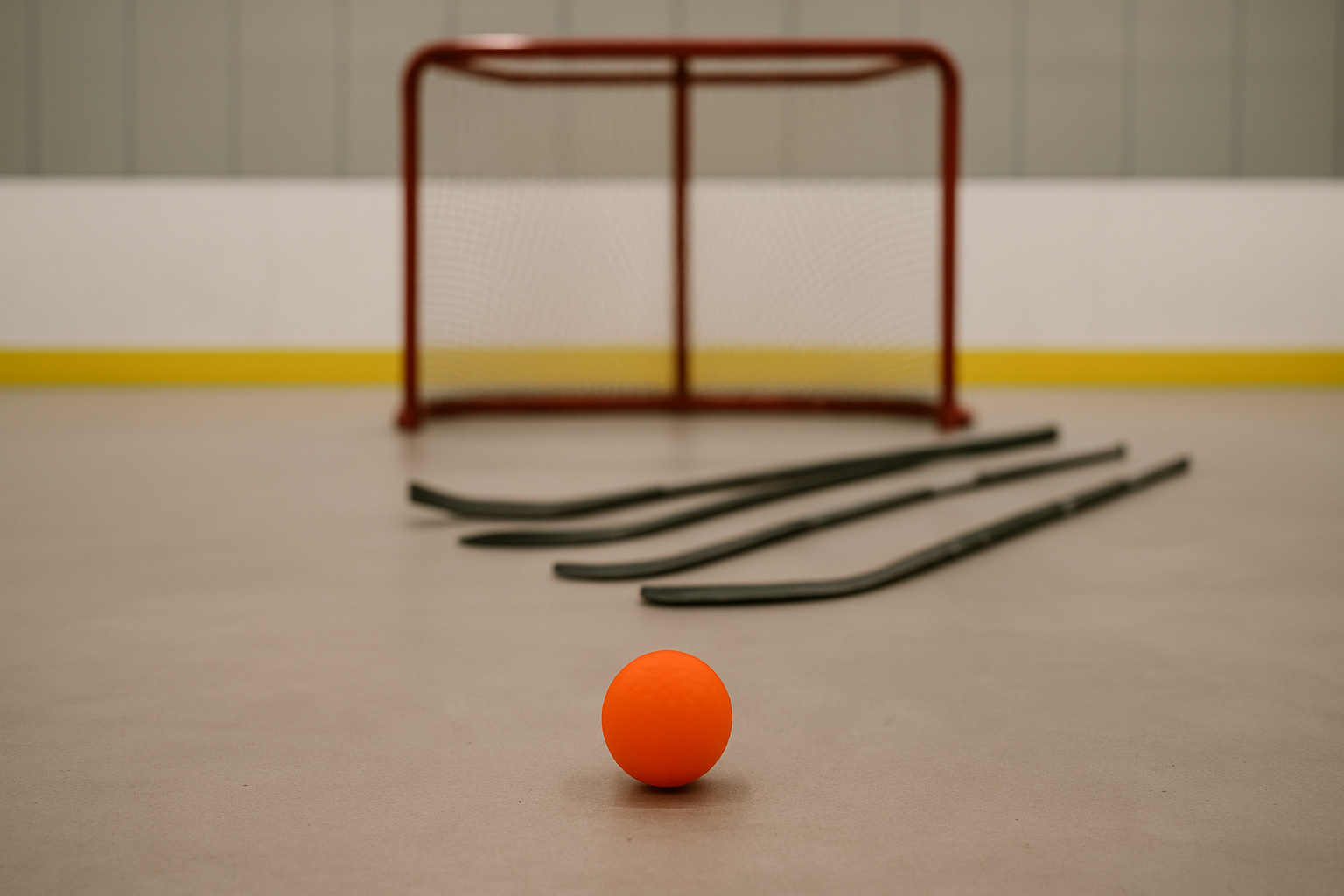 Orange ball hockey ball in focus with four sticks and an empty net on an indoor rink