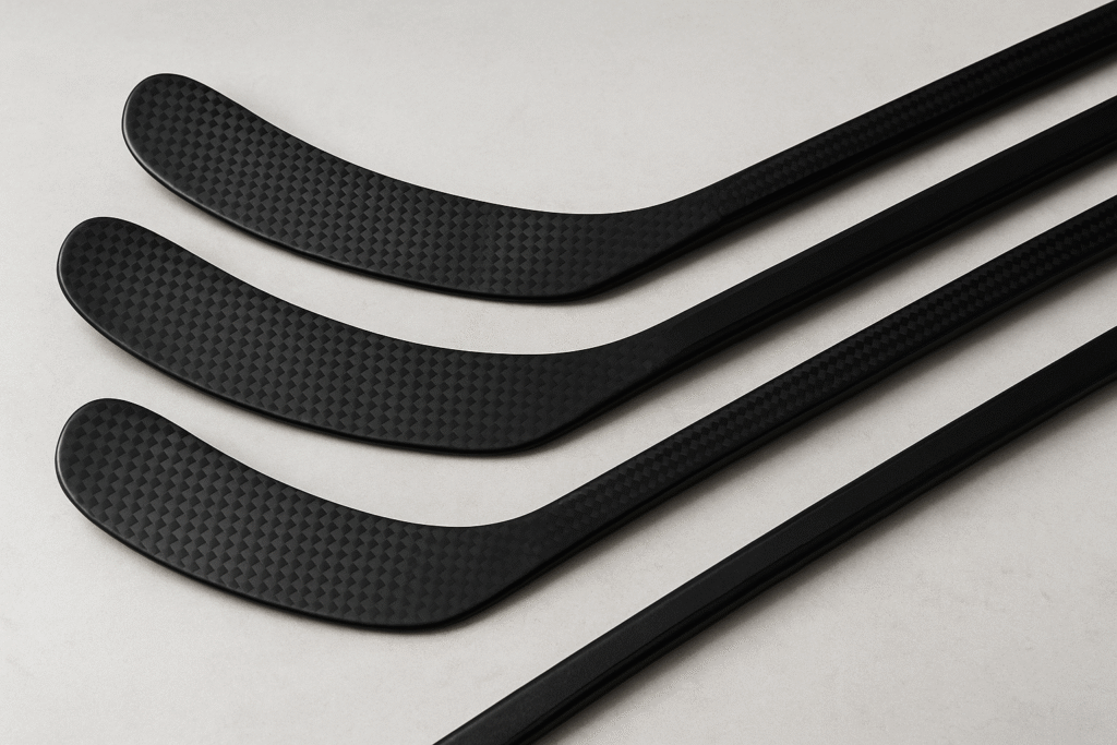 Three black carbon fiber ice hockey sticks with textured blades arranged on a light gray surface for ball hockey